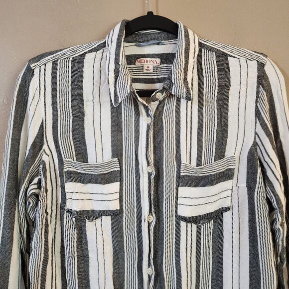 Merona Womens Knit Top Size M White Black Striped Long Sleeve Button Down - Picture 3 of 9